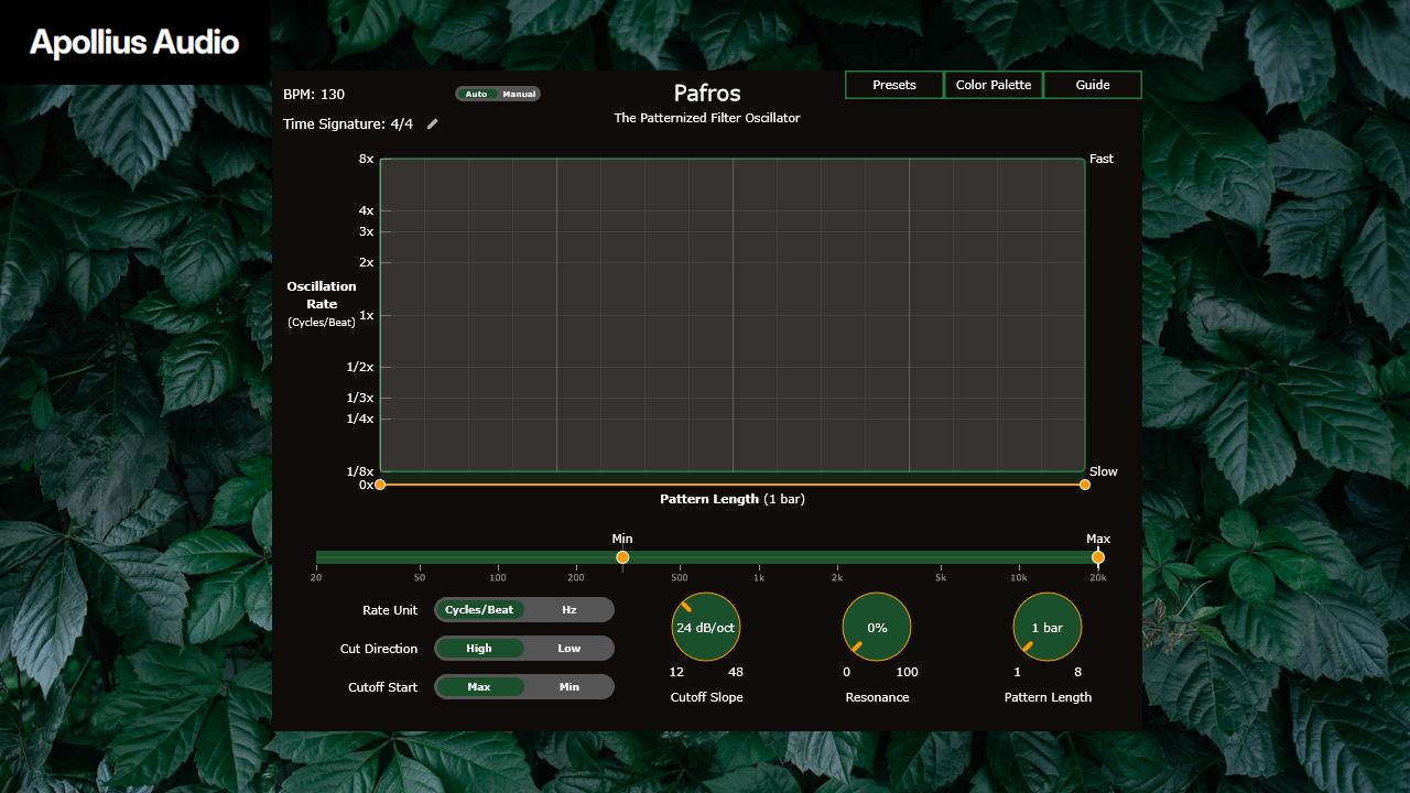Apollius Audio software interface on a leafy green background